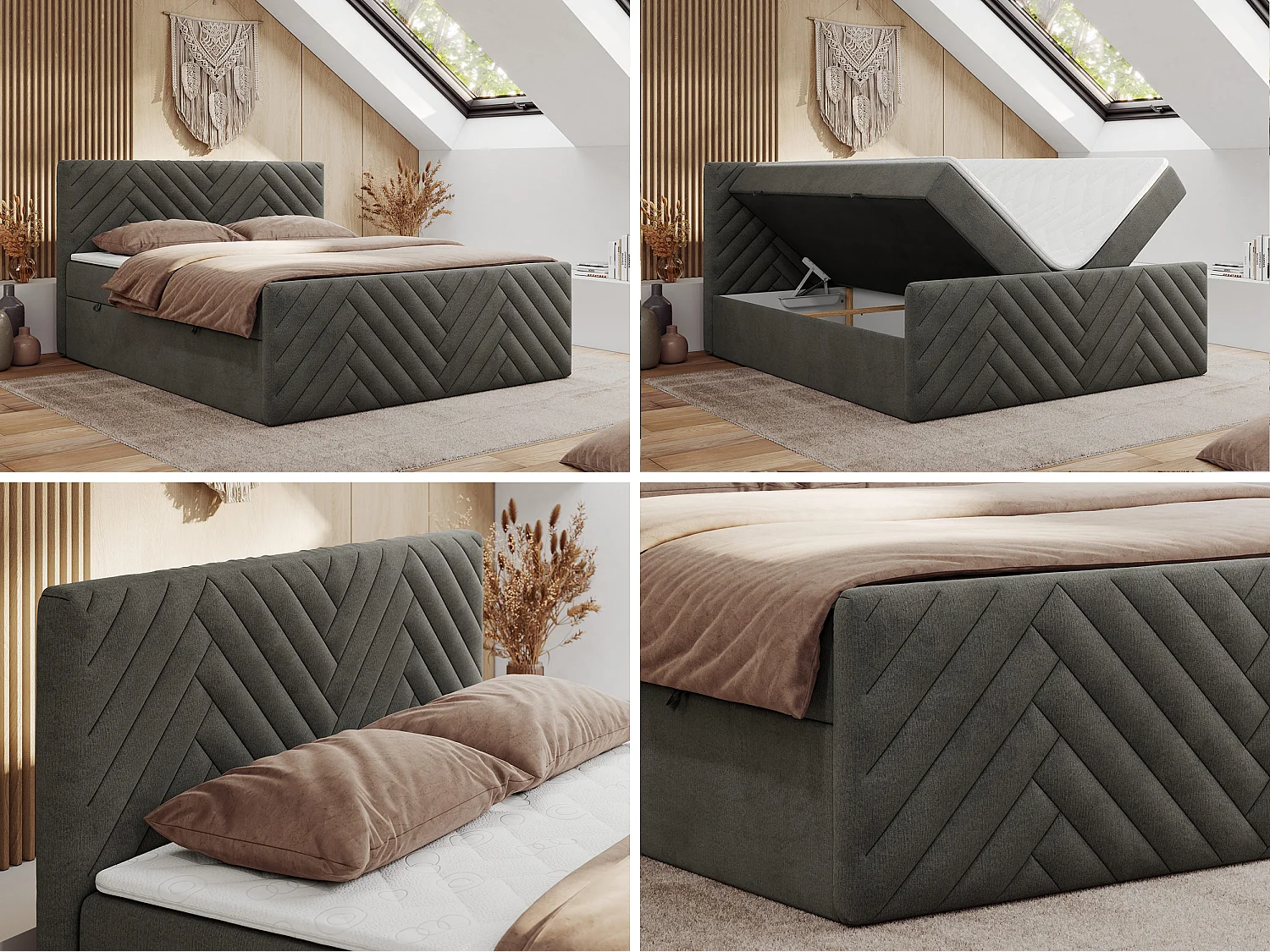 Boxspringbett PARIS DUO - Polsterbett mit genähtem Kopfteil und Frontplatte, Doppelbett, zwei Bettkästen - 140x200 cm - H4 - Dunkelgrau Velvet