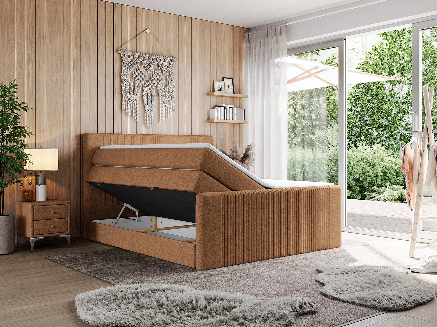 Boxspringbett DOREN KING - mit gesteppter Front und Kopfteil, zwei Multipocket-Matratzen und Topper, Doppelbett - 180x200 cm - H3 - Orange Strukture