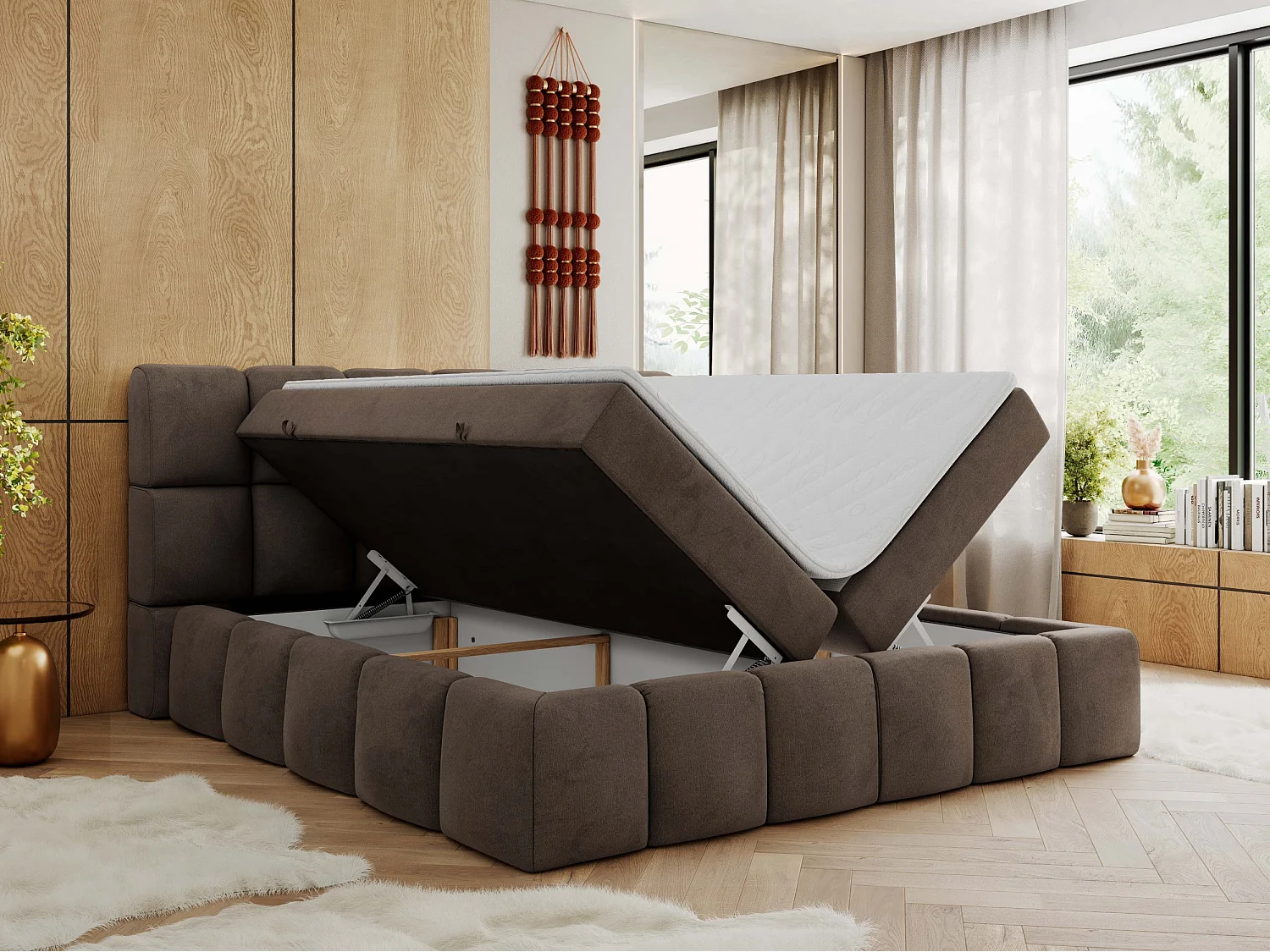 Boxspringbett NIRA - dekorativ kopfteil, Bettkästen und Multipocket-Matratze, Doppelbett für Schlafzimmer - 160x200 cm - H3 - Braun Velvet