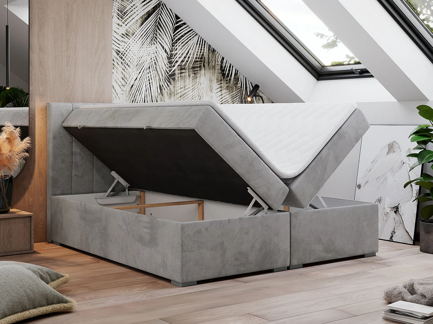 Boxspringbett LOPE - genähtes Kopfteil, Doppelbett mit Stauraum, Multipocket-Matratze, Topper - 140x200 cm - H4 - Hellgrau Velvet