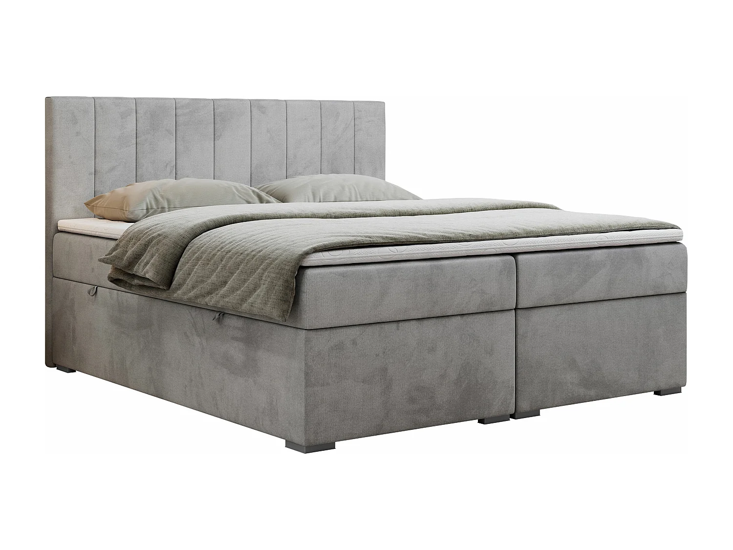 Boxspringbett LOPE - genähtes Kopfteil, Doppelbett mit Stauraum, Multipocket-Matratze, Topper - 140x200 cm - H4 - Hellgrau Velvet