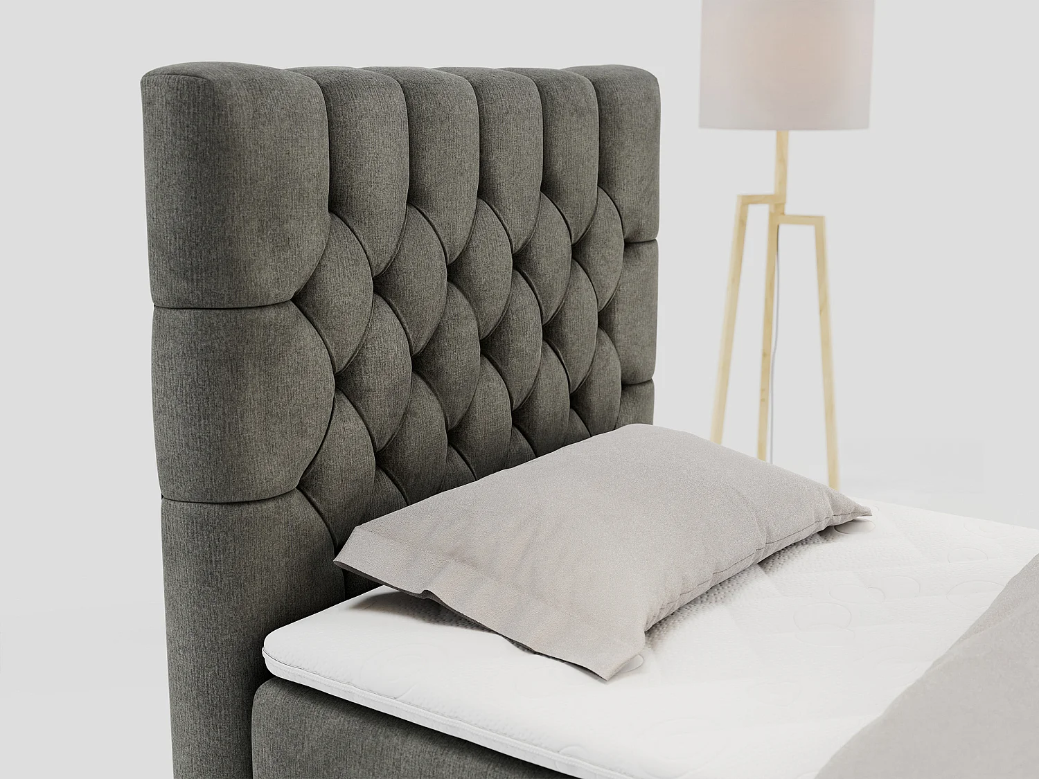 Boxspringbett PERA - Einzelbett mit Kopfstütze, Polsterbett, Multipocket-Matratze, genähtes Kopfteil - 90x200 cm - H3 - Dunkelgrau Velvet - Links Seite