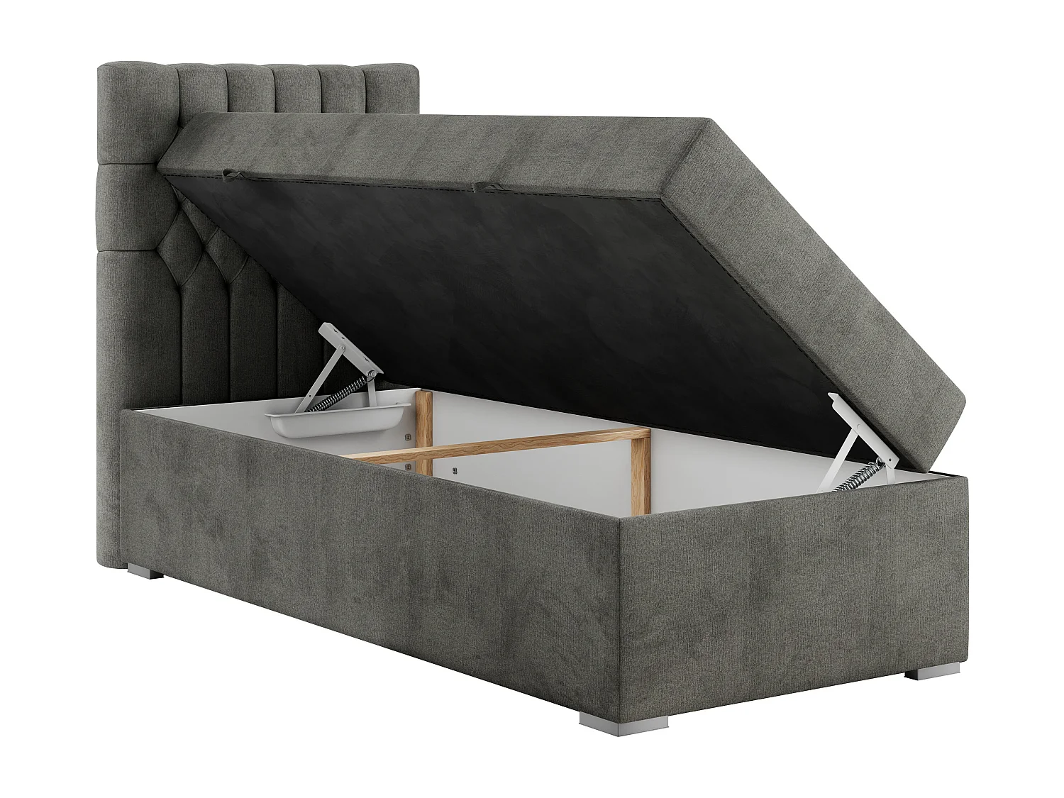 Boxspringbett PERA - Einzelbett mit Kopfstütze, Polsterbett, Multipocket-Matratze, genähtes Kopfteil - 90x200 cm - H3 - Dunkelgrau Velvet - Links Seite