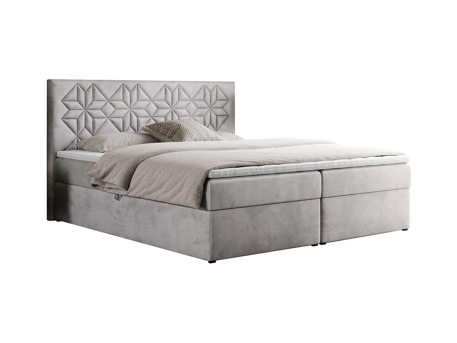 Boxspringbett LEILA - gestepptes Kopfteil,  7 Härtezonen Multipocket-Matratzen, Doppelbett mit Bettkästen - 180x200 cm - H4 - Hellgrau Velvet