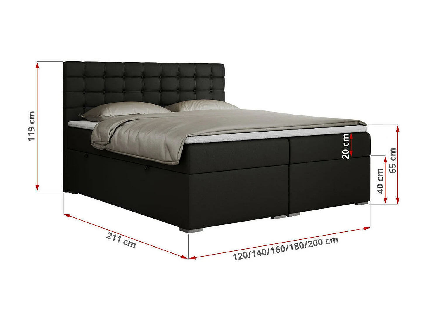 Boxspringbett SUSAN - mit gestepptem Kopfteil, zwei Bettkästen und Topper, gepolstertes Schlafzimmerbett - 140x200 cm - H4 - Schwarz Kunstleder