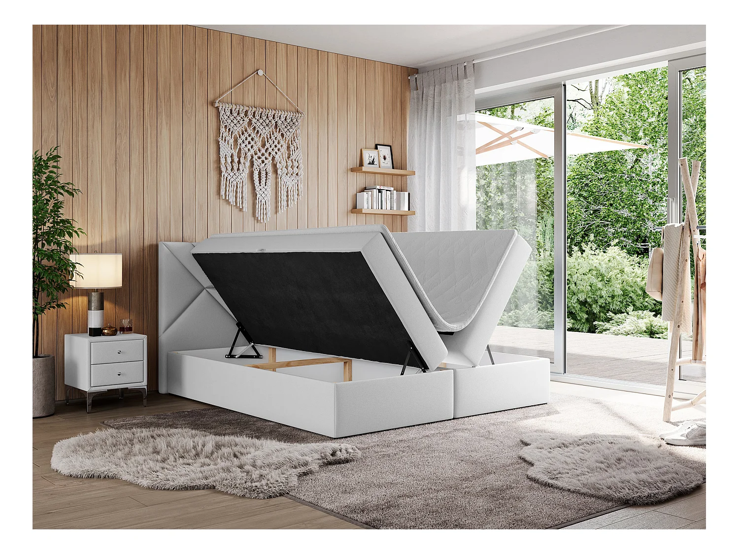 Boxspringbett NEOMI - dekorativem Kopfteil, Polsterbett mit Multipocket-Matratzen, zwei Bettkästen - 180x200 cm - H3 - Hellgrau Strukture