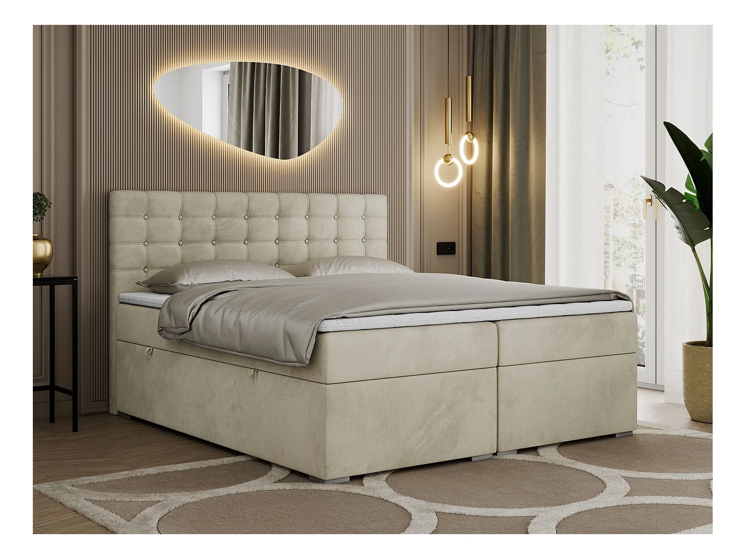 Boxspringbett SUSAN - mit gestepptem Kopfteil, zwei Bettkästen und Topper, gepolstertes Schlafzimmerbett - 200x200 cm - H3 - Beige Velvet