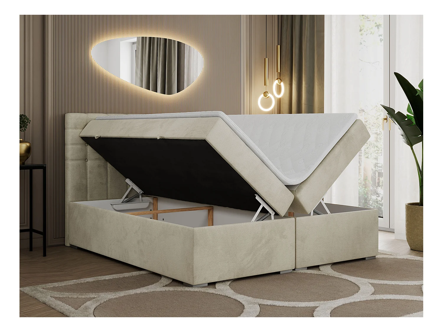 Boxspringbett SUSAN - mit gestepptem Kopfteil, zwei Bettkästen und Topper, gepolstertes Schlafzimmerbett - 200x200 cm - H3 - Beige Velvet