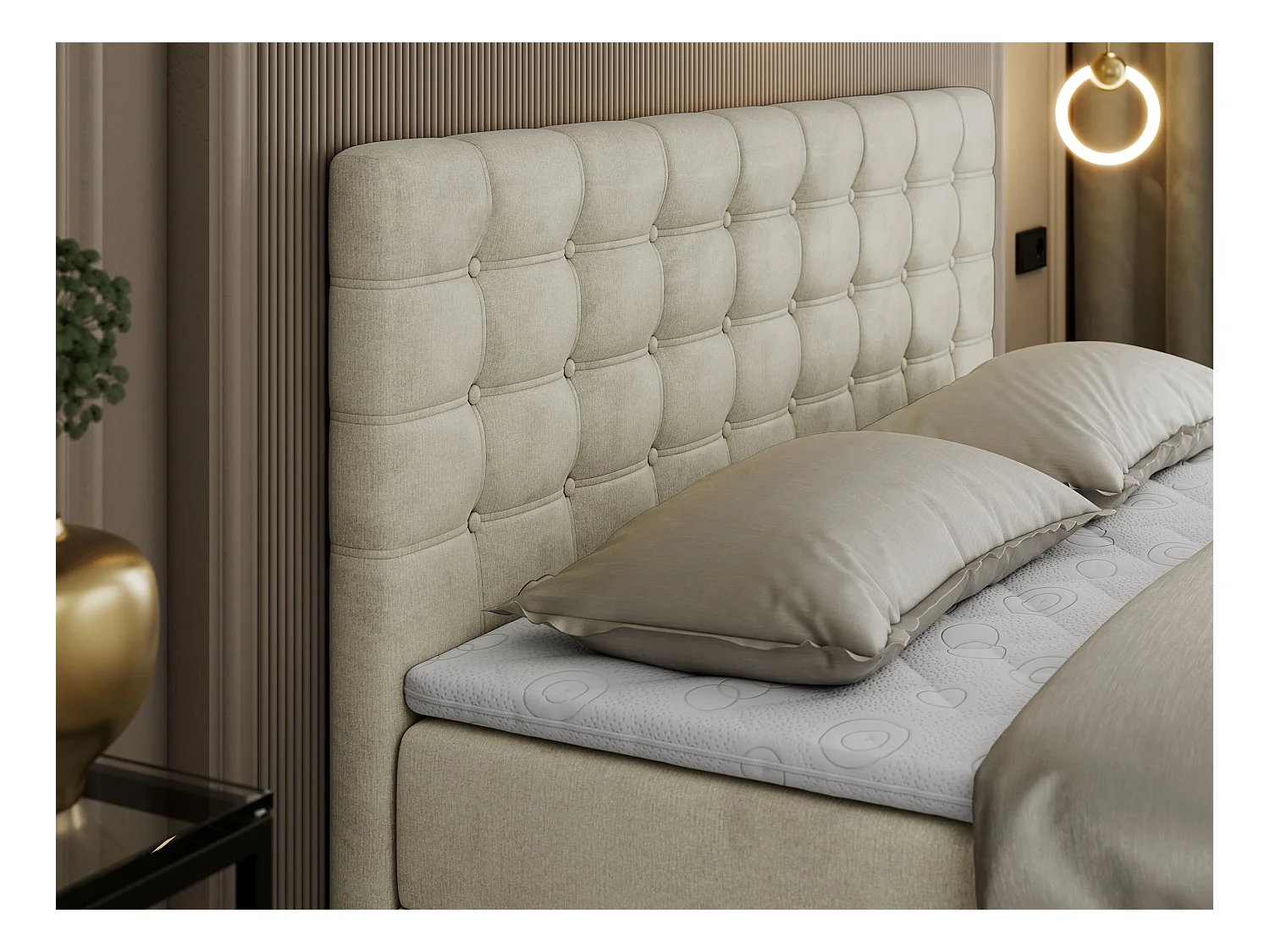 Boxspringbett SUSAN - mit gestepptem Kopfteil, zwei Bettkästen und Topper, gepolstertes Schlafzimmerbett - 200x200 cm - H3 - Beige Velvet