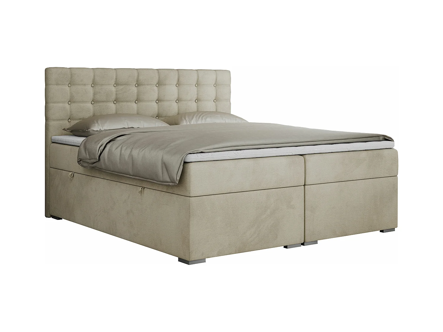 Boxspringbett SUSAN - mit gestepptem Kopfteil, zwei Bettkästen und Topper, gepolstertes Schlafzimmerbett - 200x200 cm - H3 - Beige Velvet