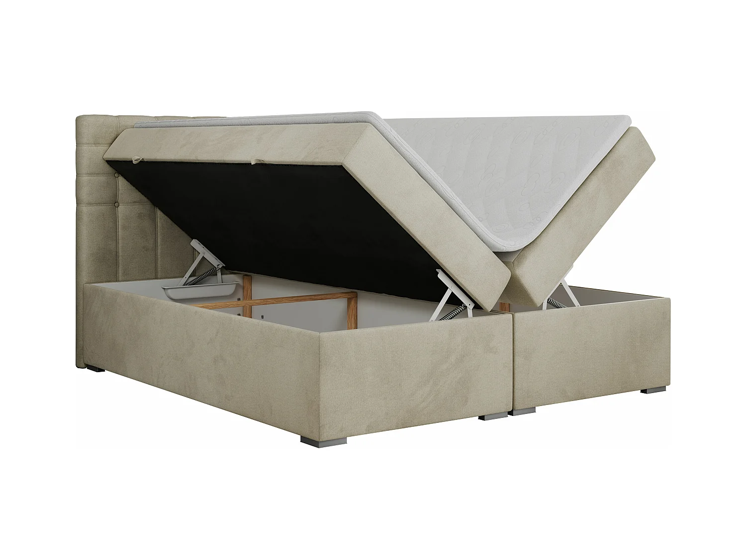 Boxspringbett SUSAN - mit gestepptem Kopfteil, zwei Bettkästen und Topper, gepolstertes Schlafzimmerbett - 200x200 cm - H3 - Beige Velvet