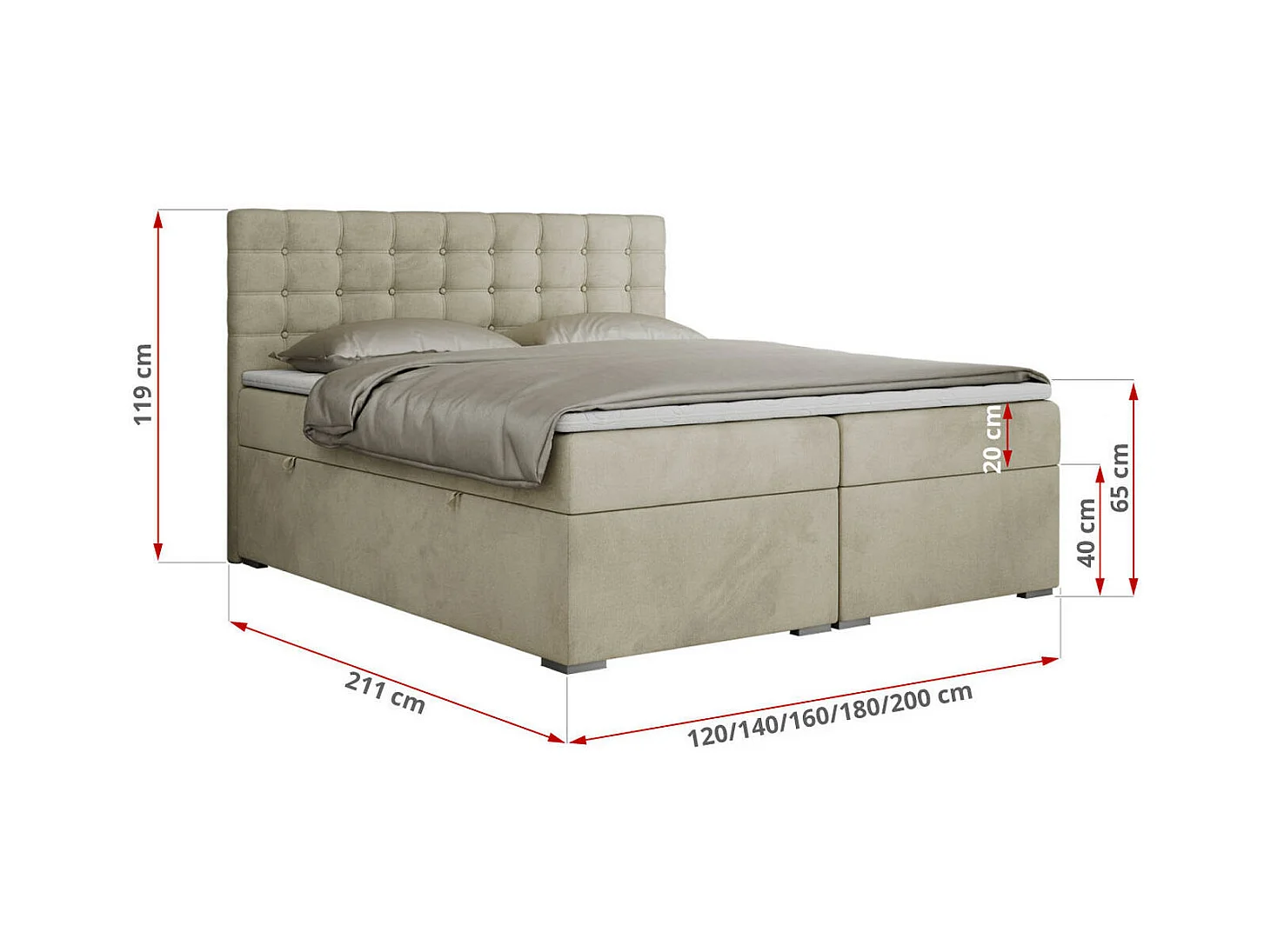 Boxspringbett SUSAN - mit gestepptem Kopfteil, zwei Bettkästen und Topper, gepolstertes Schlafzimmerbett - 200x200 cm - H3 - Beige Velvet