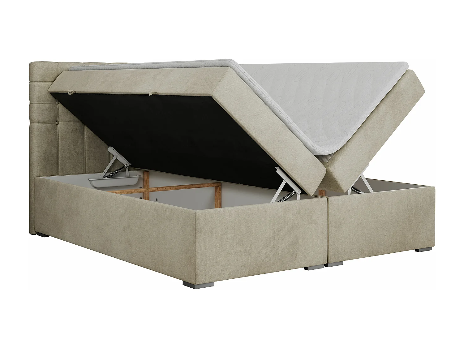 Boxspringbett SUSAN - mit gestepptem Kopfteil, zwei Bettkästen und Topper, gepolstertes Schlafzimmerbett - 200x200 cm - H3 - Beige Velvet