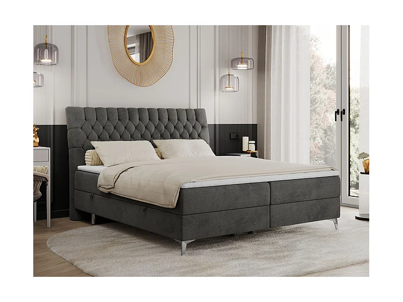 Boxspringbett MILEN - gepolstertes Schlafzimmerbett, zwei Multipocket-Matratze, dekorative hohe Beine - 160x200 cm - H3 - Dunkelgrau Velvet