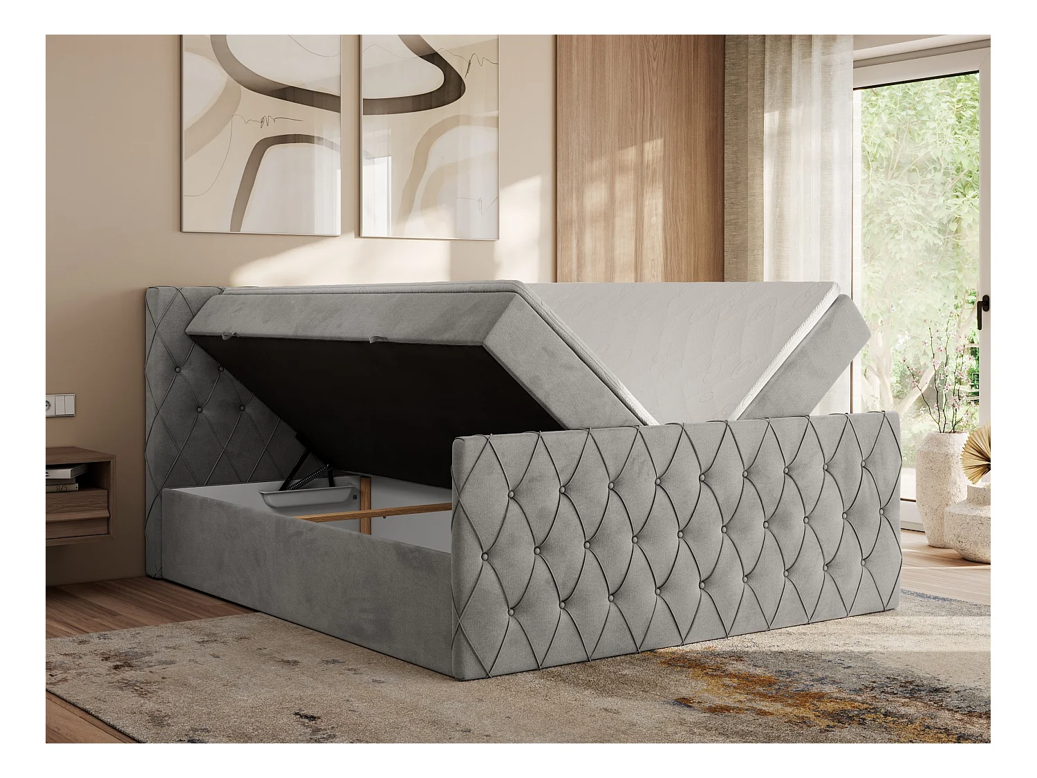 Boxspringbett MIREN DUO - mit gestepptem Kopfteil und Front, Multipocket-Matratze, zwei Bettkästen - 160x200 cm - H4 - Hellgrau Velvet