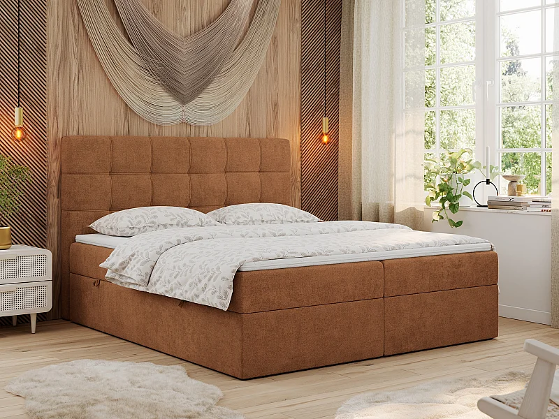 Boxspringbett ERNI - mit gestepptem Kopfteil, Polsterbett, Multipocket-Matratze und Topper, Bettkästen - 200x200 cm - H3 - Orange Stukture