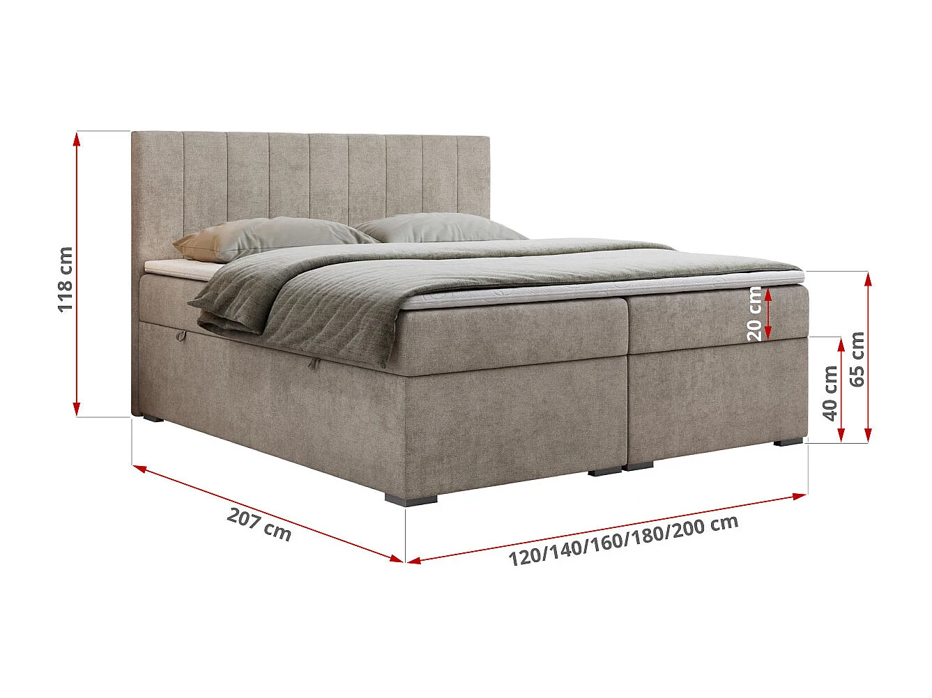 Boxspringbett LOPE - genähtes Kopfteil, Doppelbett mit Stauraum, Multipocket-Matratze, Topper - 140x200 cm - H3 - Beige Strukture