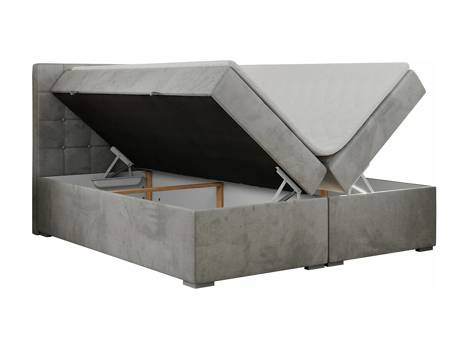 Boxspringbett CARMEN - Polsterbett mit zwei Bettkästen, gesteppte Kopfstütze, Multipocket-Matratze - 120x200 cm - H4 - Hellgrau Velvet