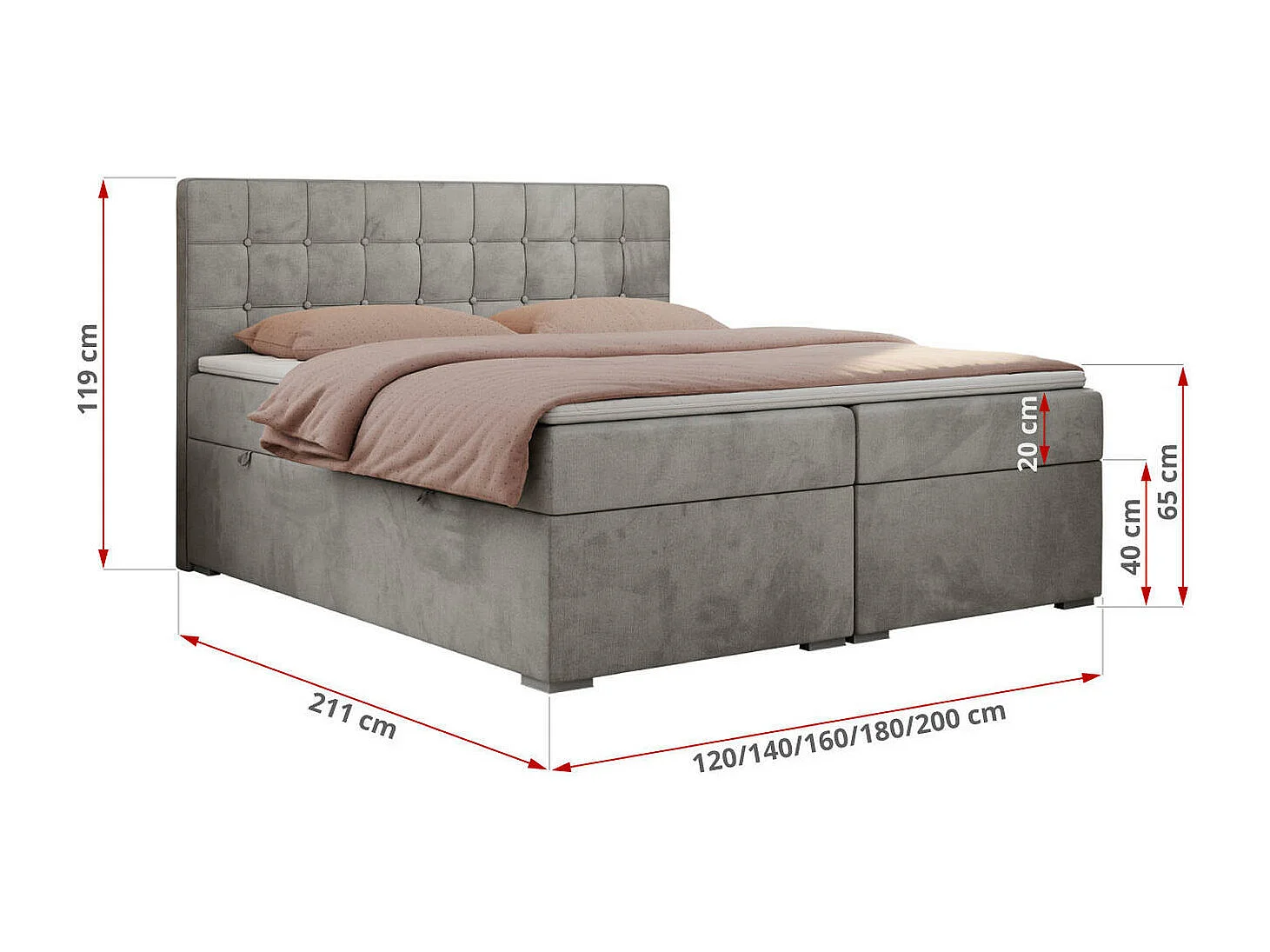 Boxspringbett CARMEN - Polsterbett mit zwei Bettkästen, gesteppte Kopfstütze, Multipocket-Matratze - 120x200 cm - H4 - Hellgrau Velvet