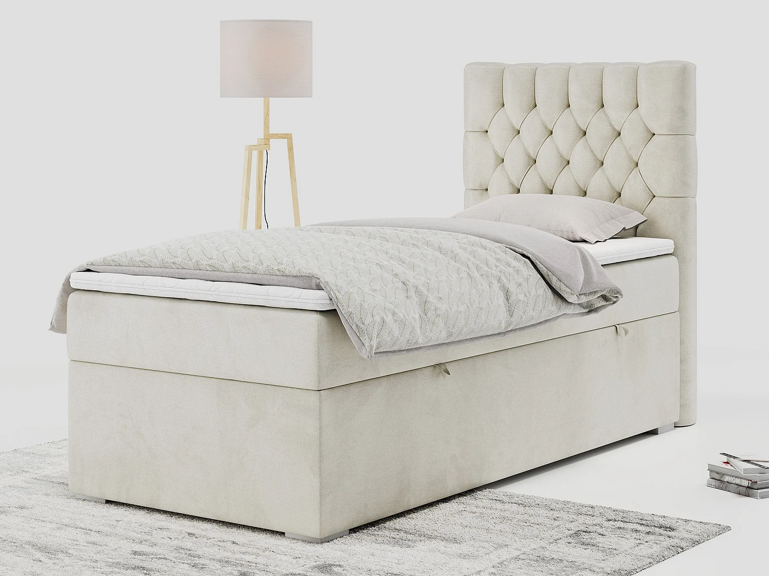 Boxspringbett PERA - Einzelbett mit Kopfstütze, Polsterbett, Multipocket-Matratze, genähtes Kopfteil - 90x200 cm - H3 - Beige Velvet - Rechts Seite