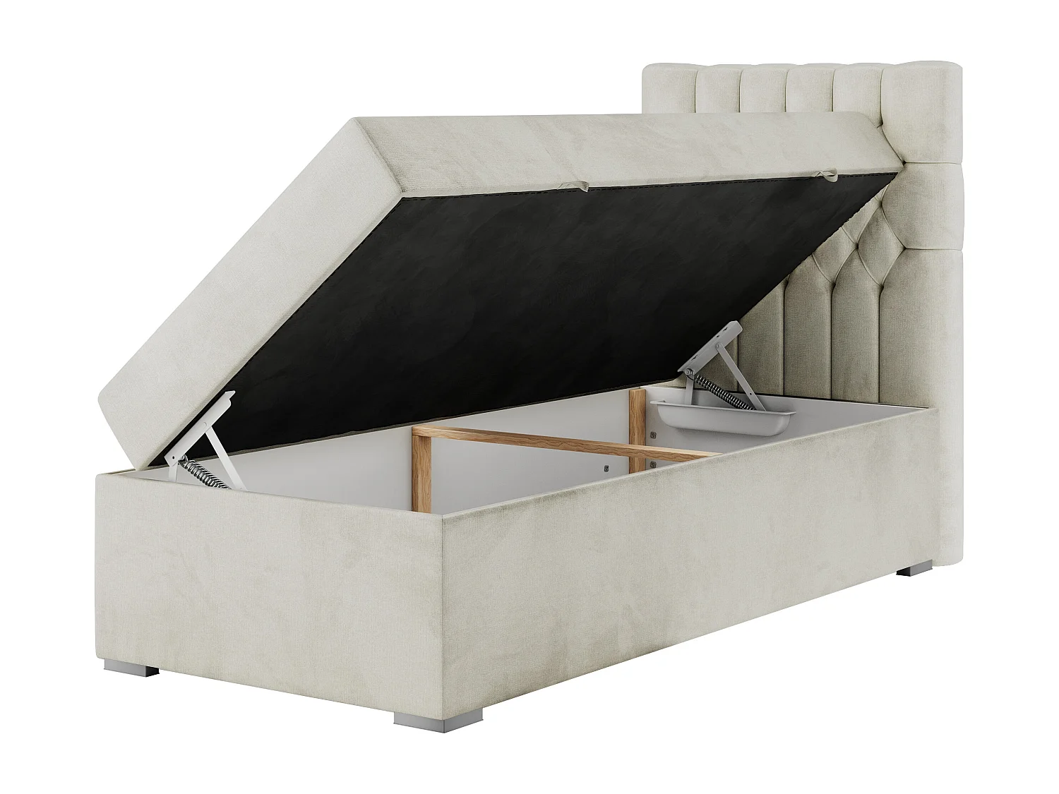 Boxspringbett PERA - Einzelbett mit Kopfstütze, Polsterbett, Multipocket-Matratze, genähtes Kopfteil - 90x200 cm - H3 - Beige Velvet - Rechts Seite