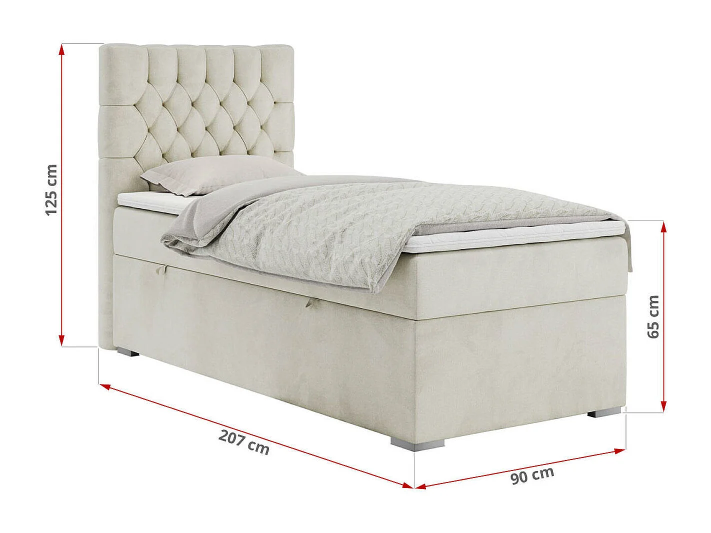 Boxspringbett PERA - Einzelbett mit Kopfstütze, Polsterbett, Multipocket-Matratze, genähtes Kopfteil - 90x200 cm - H3 - Beige Velvet - Rechts Seite