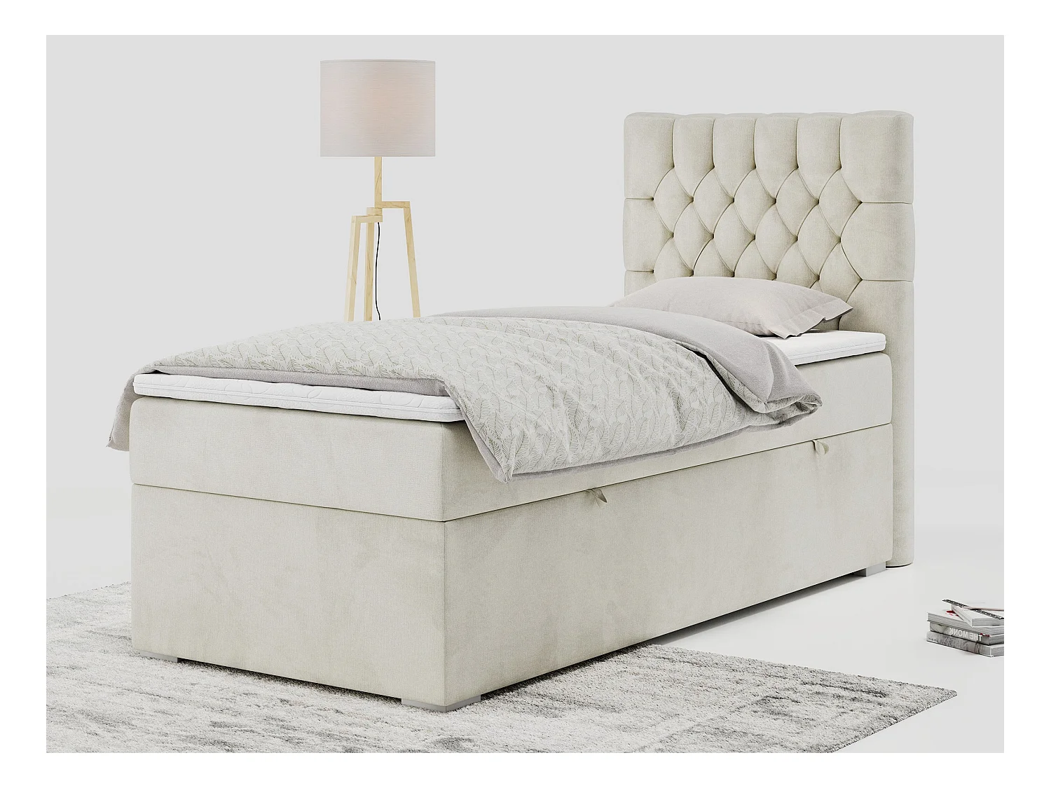 Boxspringbett PERA - Einzelbett mit Kopfstütze, Polsterbett, Multipocket-Matratze, genähtes Kopfteil - 90x200 cm - H3 - Beige Velvet - Rechts Seite