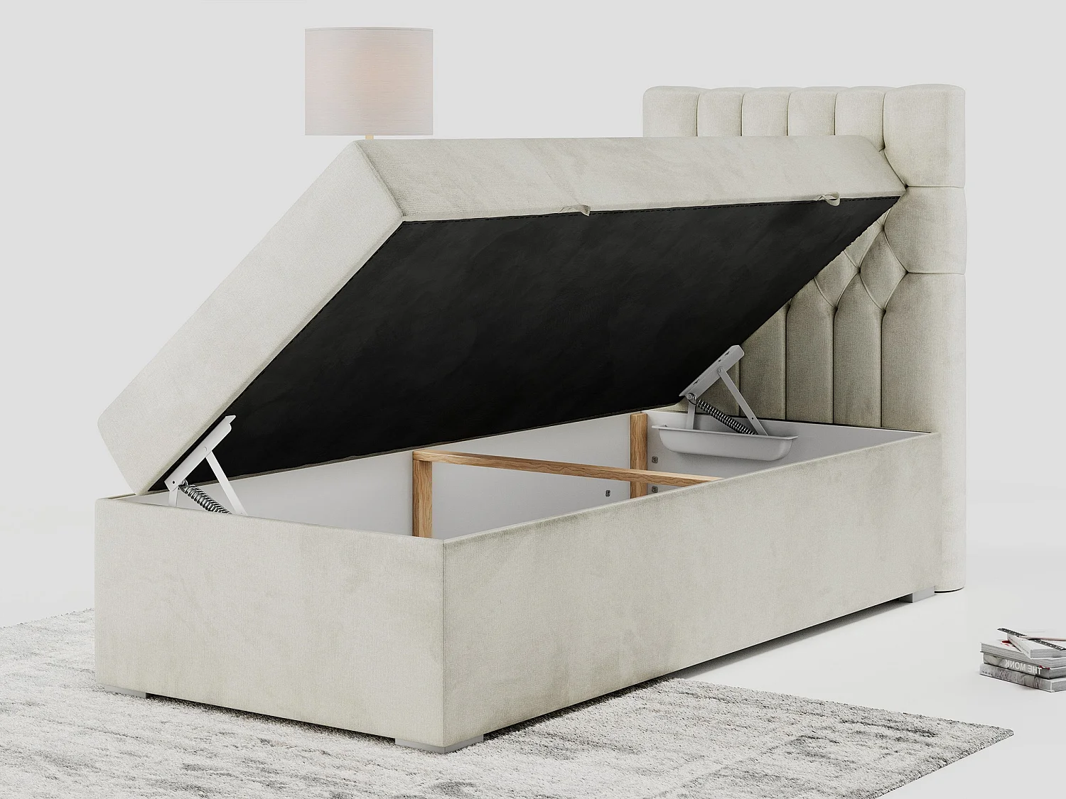 Boxspringbett PERA - Einzelbett mit Kopfstütze, Polsterbett, Multipocket-Matratze, genähtes Kopfteil - 90x200 cm - H3 - Beige Velvet - Rechts Seite