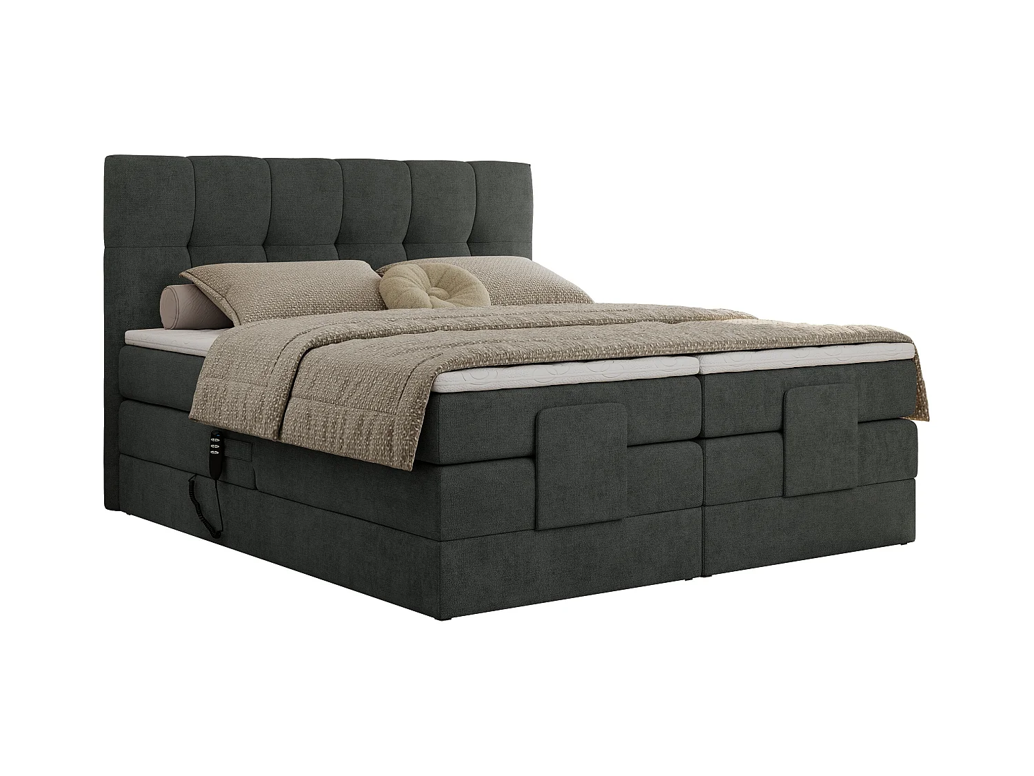 Boxspringbett VITTORIA - mit gestepptem Kopfteil, elektrischem Untergestell, Multipocket-Matratze - 160x200 cm - H4 - Dunkelgrau Strukture