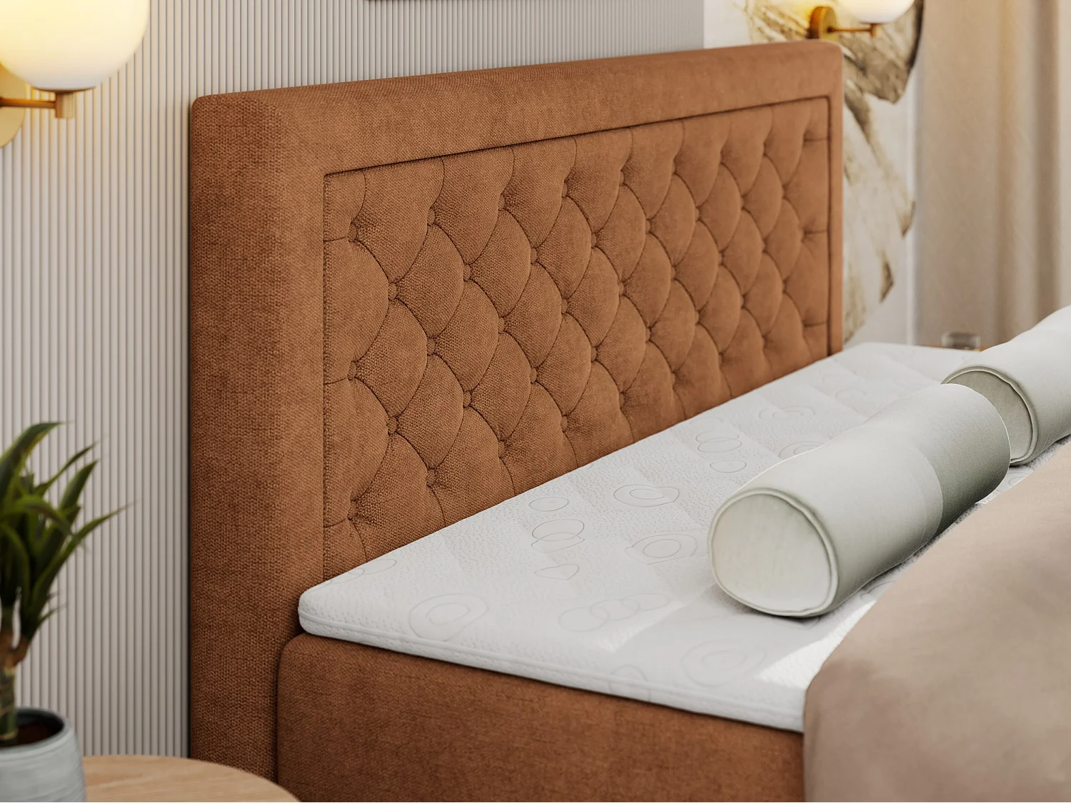 Boxspringbett JASIR - mit gestepptem Kopfteil, Doppelbett für Schlafzimmer, Multipocket-Matratze, Stauraum - 120x200 cm - H4 - Orange Strukture