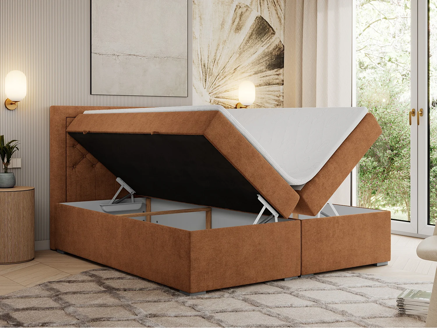 Boxspringbett JASIR - mit gestepptem Kopfteil, Doppelbett für Schlafzimmer, Multipocket-Matratze, Stauraum - 120x200 cm - H4 - Orange Strukture