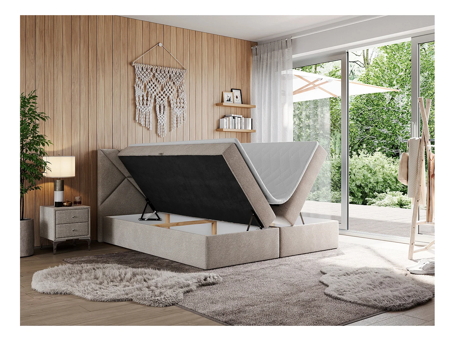 Boxspringbett NEOMI - dekorativem Kopfteil, Polsterbett mit Multipocket-Matratzen, zwei Bettkästen - 200x200 cm - H3 - Hellgrau Strukture