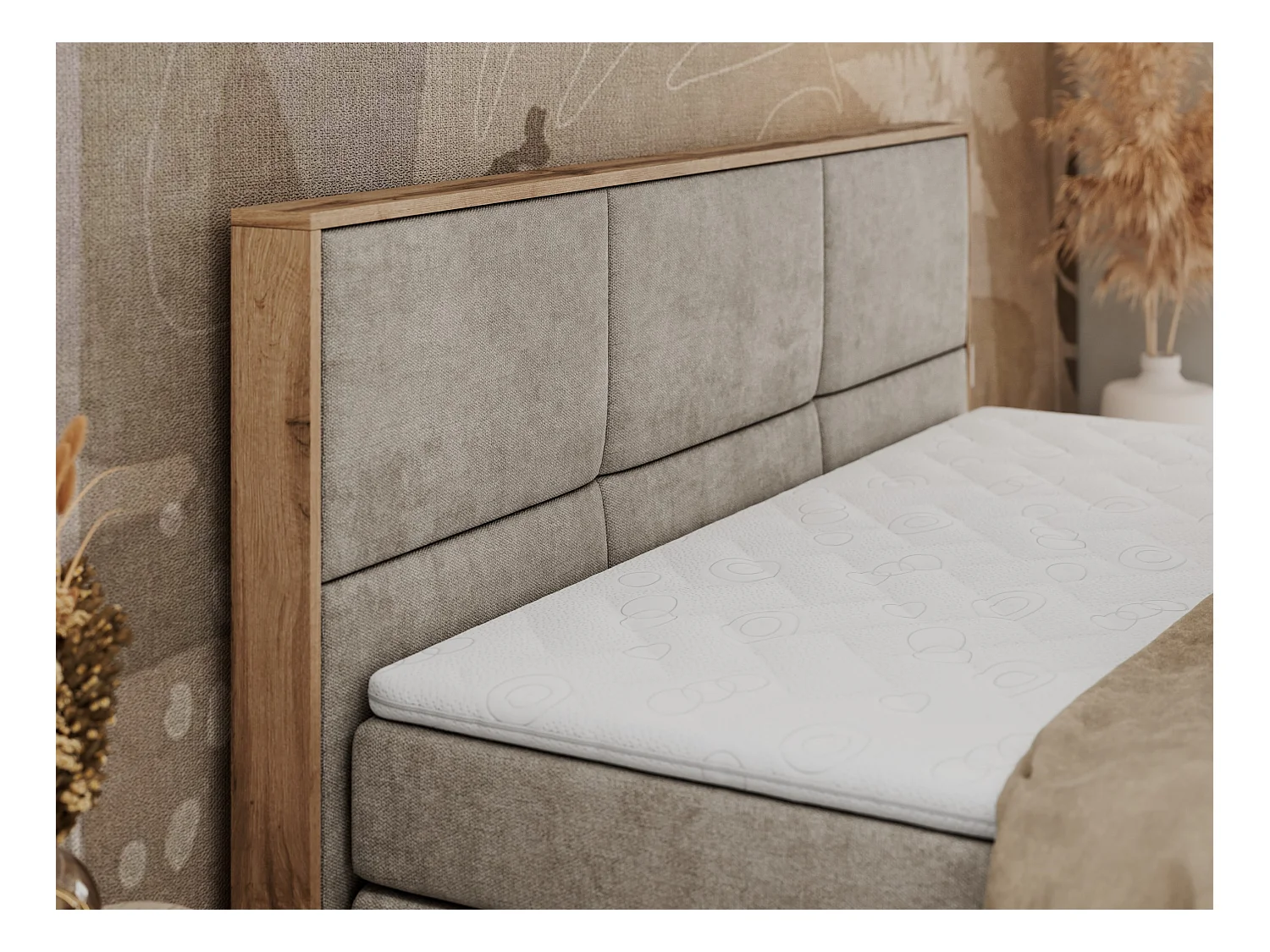 Boxspringbett ALBERO 2 KING DUO - Eiche Wotan Holzrahmen, zwei Multipocket-Matratzen, Bettkästen - 160x200 cm - H3 - Beige Strukture