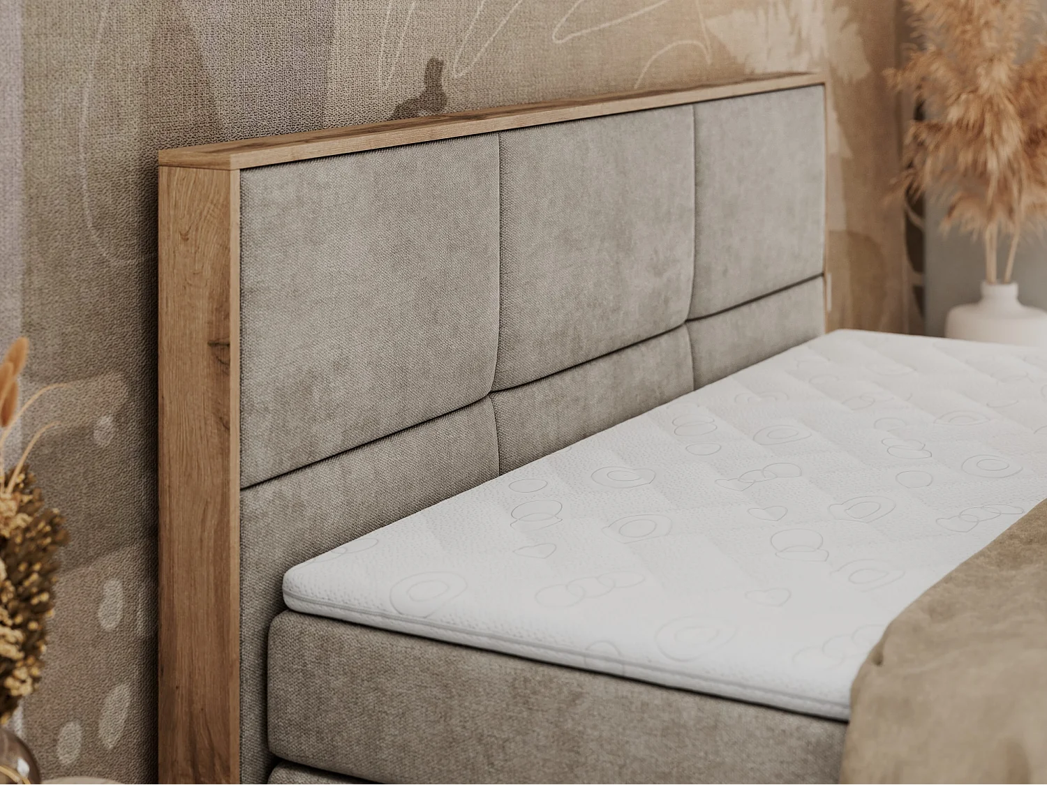 Boxspringbett ALBERO 2 KING DUO - Eiche Wotan Holzrahmen, zwei Multipocket-Matratzen, Bettkästen - 160x200 cm - H3 - Beige Strukture