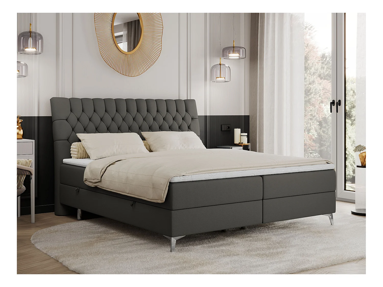 Boxspringbett MILEN - gepolstertes Schlafzimmerbett, zwei Multipocket-Matratze, dekorative hohe Beine - 140x200 cm - H4 - Dunkelgrau Kunstleder