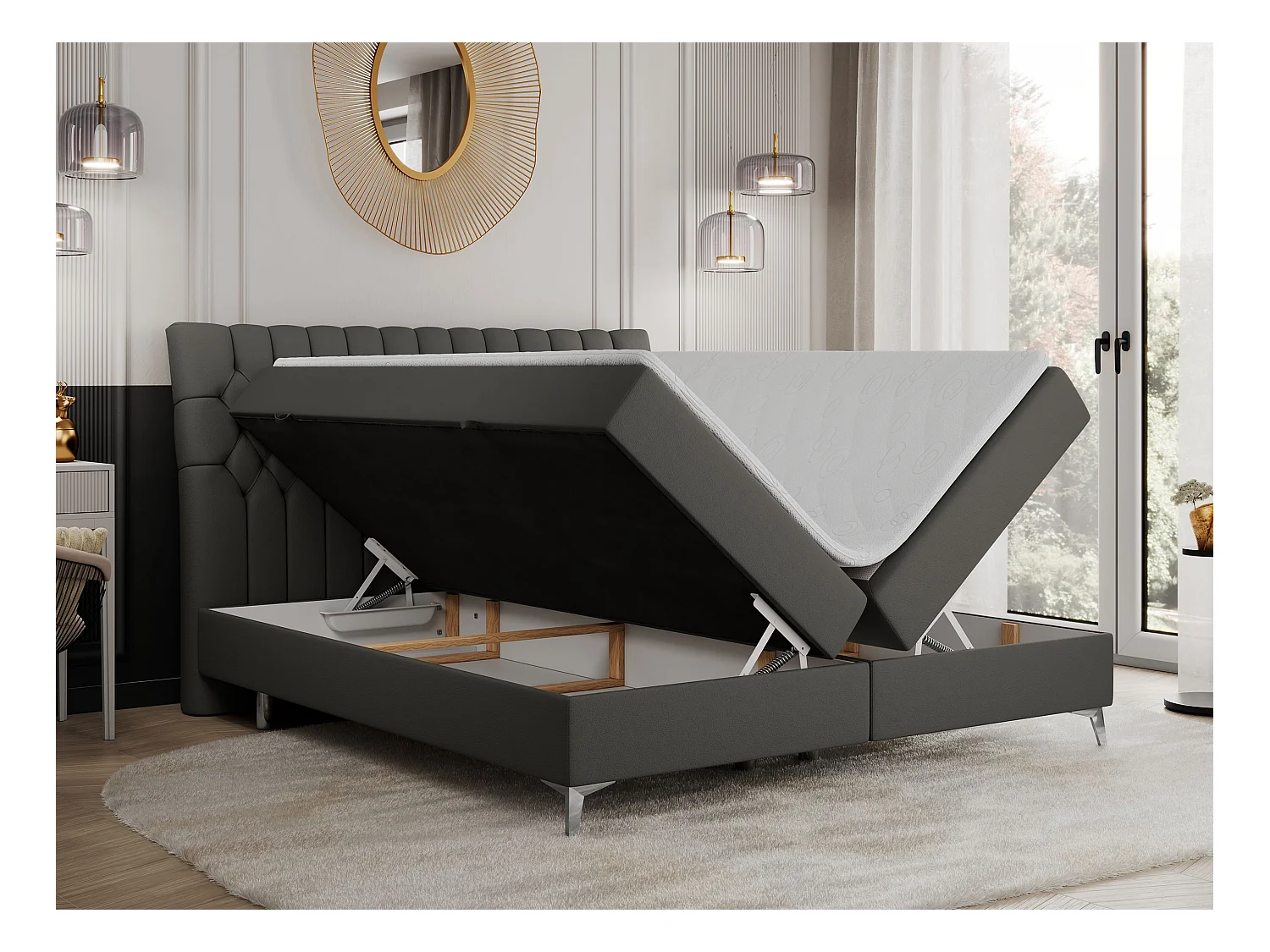 Boxspringbett MILEN - gepolstertes Schlafzimmerbett, zwei Multipocket-Matratze, dekorative hohe Beine - 140x200 cm - H4 - Dunkelgrau Kunstleder