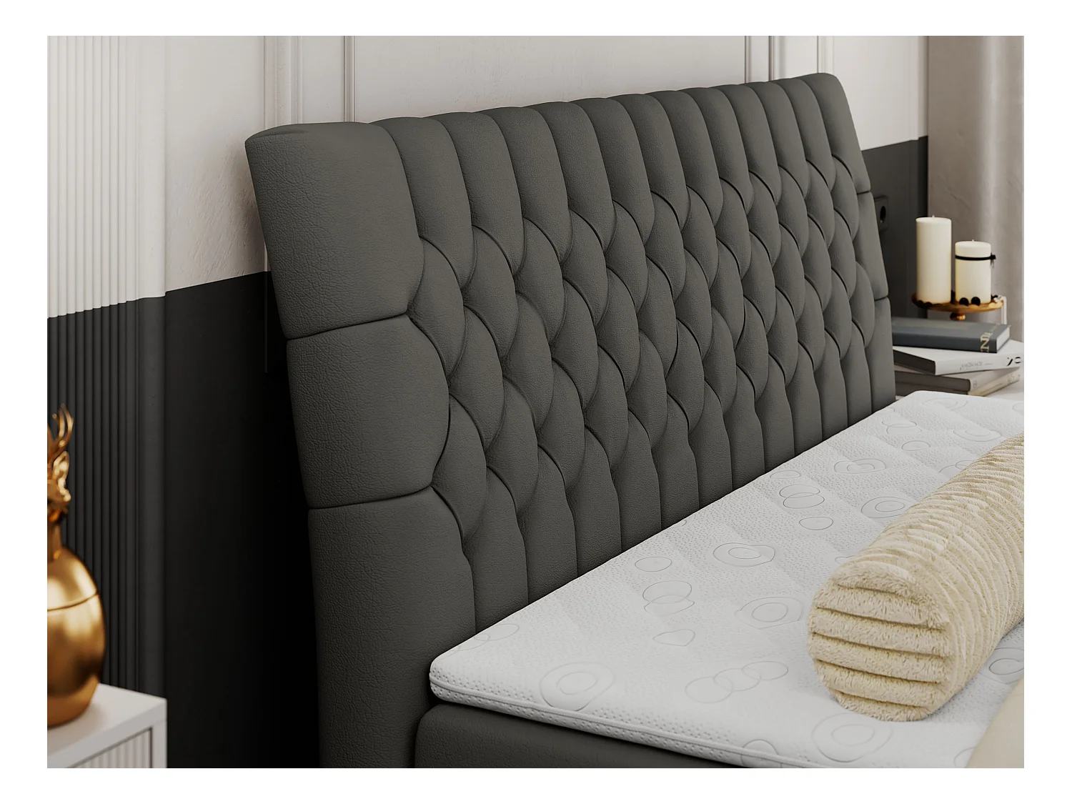 Boxspringbett MILEN - gepolstertes Schlafzimmerbett, zwei Multipocket-Matratze, dekorative hohe Beine - 140x200 cm - H4 - Dunkelgrau Kunstleder