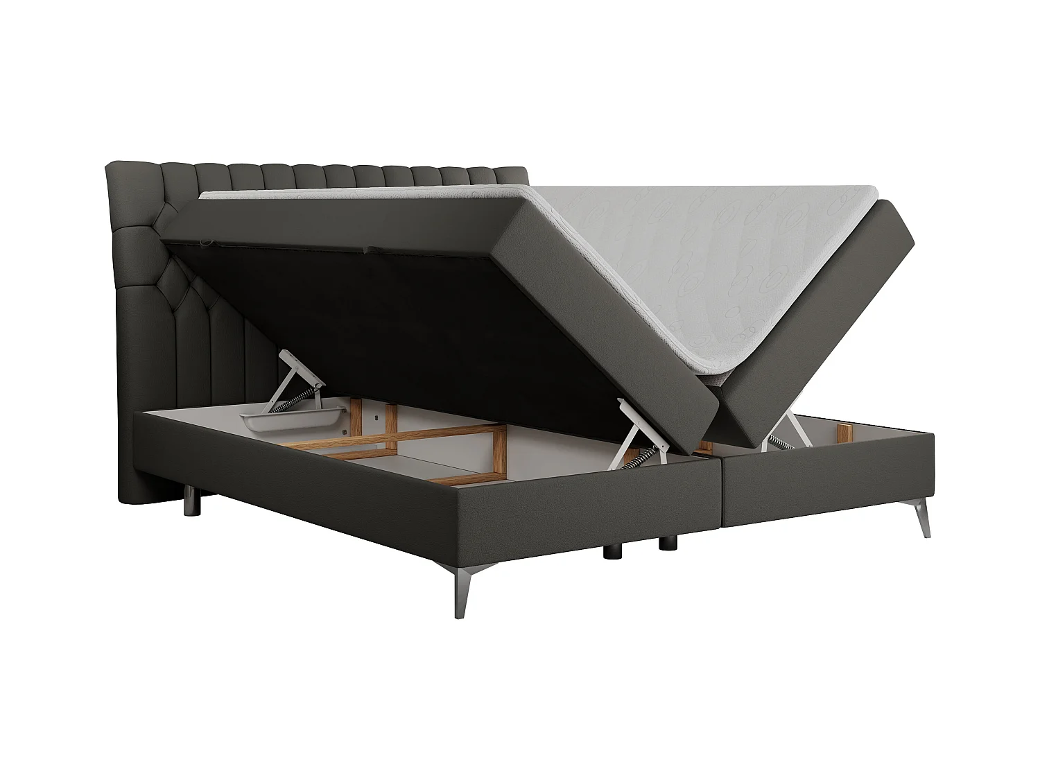 Boxspringbett MILEN - gepolstertes Schlafzimmerbett, zwei Multipocket-Matratze, dekorative hohe Beine - 140x200 cm - H4 - Dunkelgrau Kunstleder
