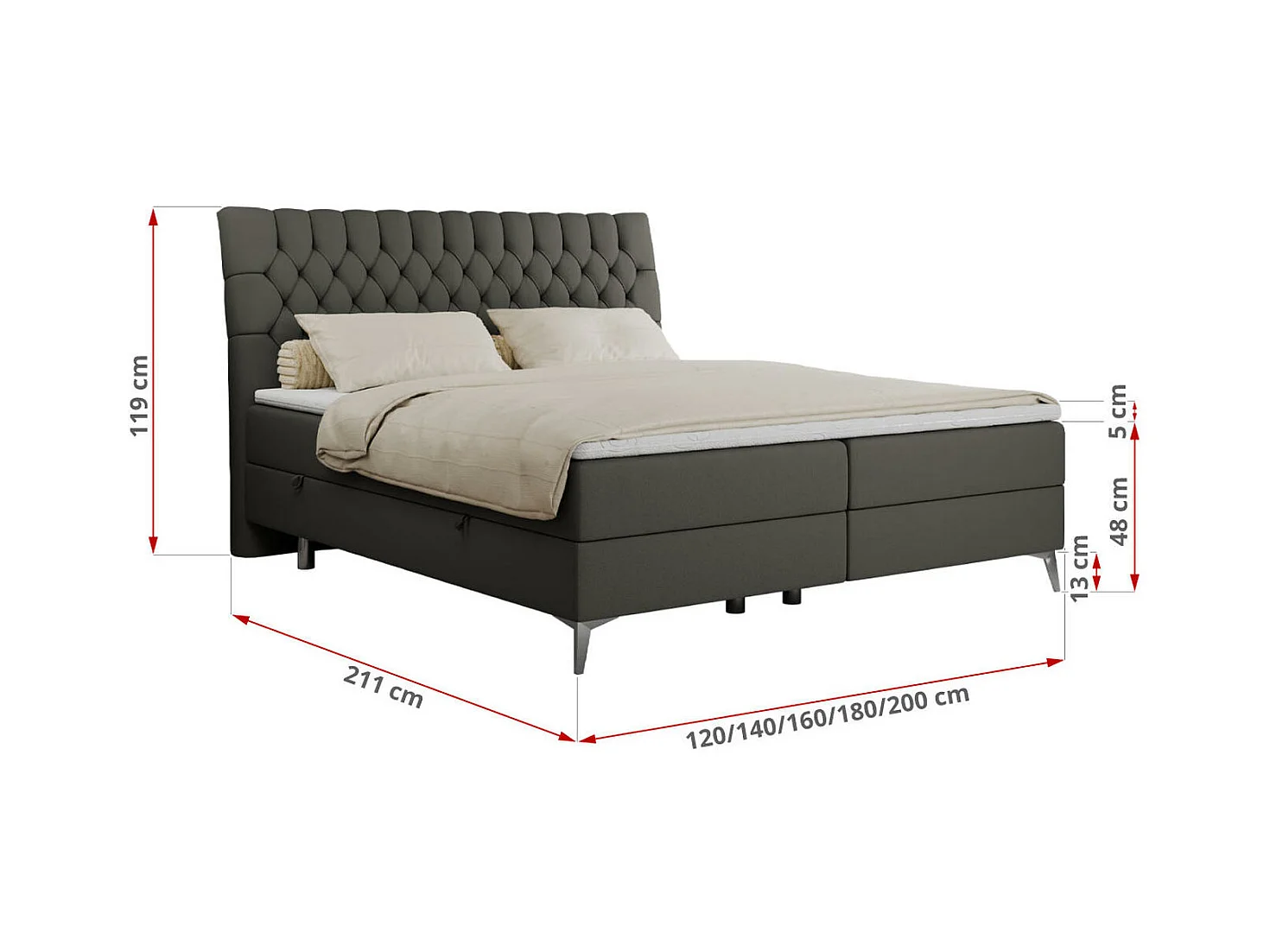 Boxspringbett MILEN - gepolstertes Schlafzimmerbett, zwei Multipocket-Matratze, dekorative hohe Beine - 140x200 cm - H4 - Dunkelgrau Kunstleder