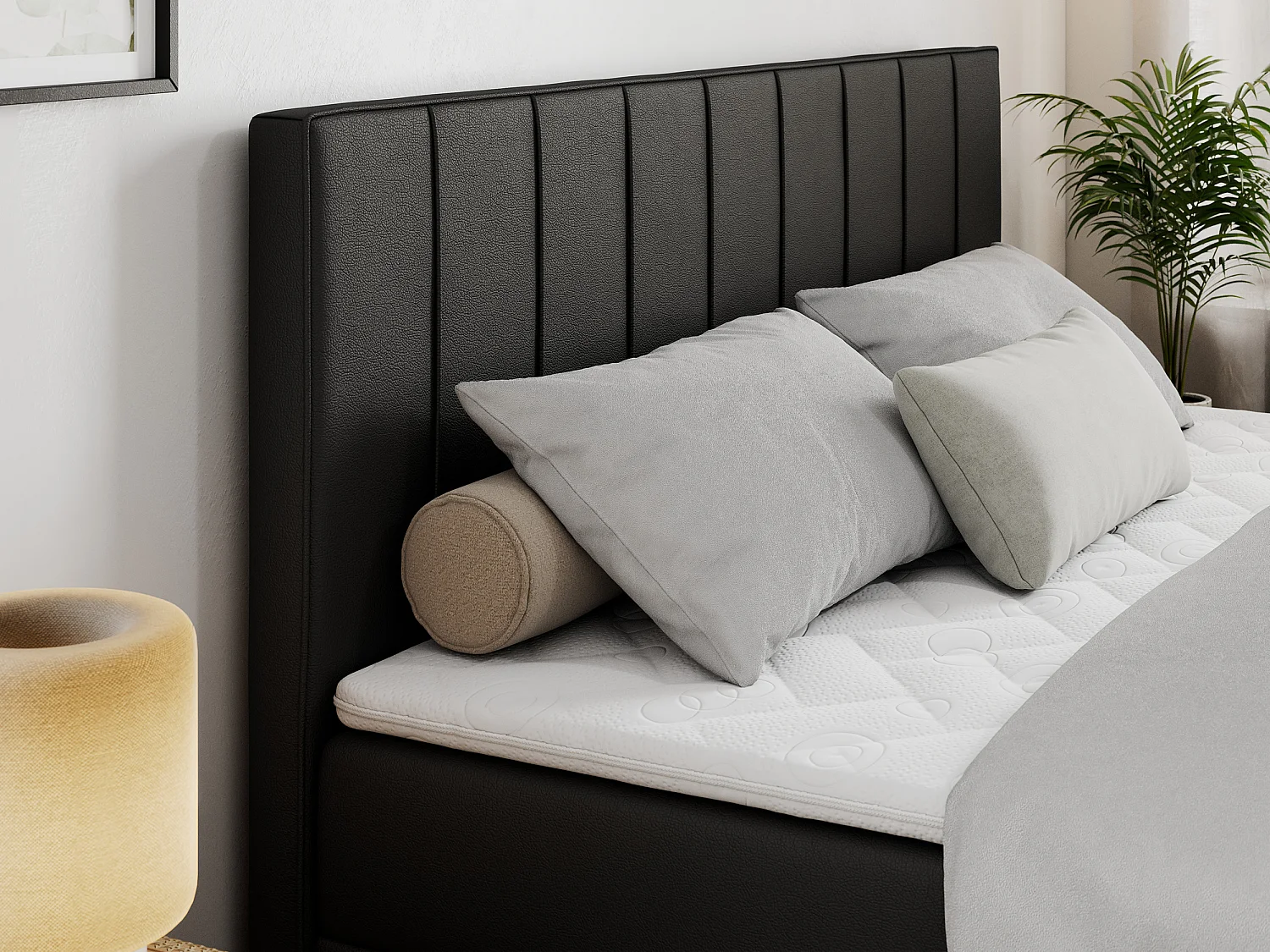 Boxspringbett ALLY - gestreiftes, genähtes Kopfteil, zwei Bettkästen, Multipocket-Matratzen, Praktisch Polsterbett - 180x200 cm - H4 - Schwarz Kunstleder