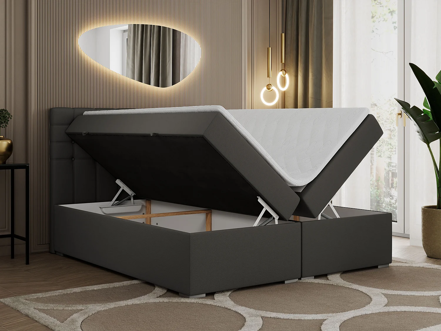 Boxspringbett SUSAN - mit gestepptem Kopfteil, zwei Bettkästen und Topper, gepolstertes Schlafzimmerbett - 180x200 cm - H3 - Dunkelgrau Kunstleder