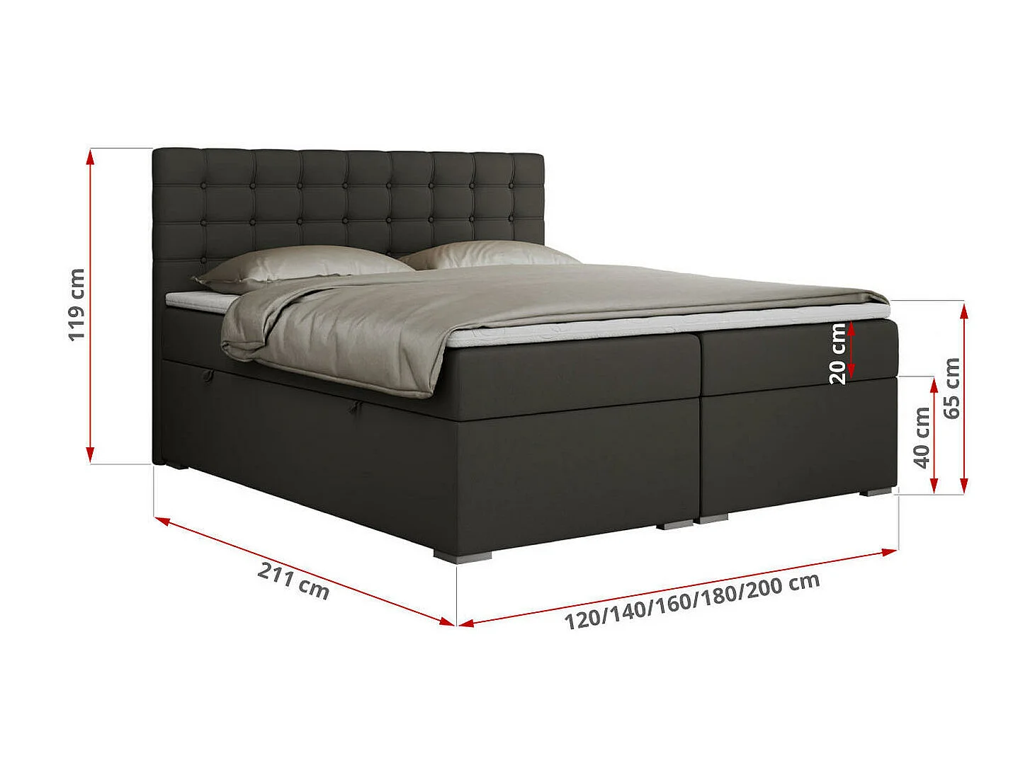 Boxspringbett SUSAN - mit gestepptem Kopfteil, zwei Bettkästen und Topper, gepolstertes Schlafzimmerbett - 180x200 cm - H3 - Dunkelgrau Kunstleder