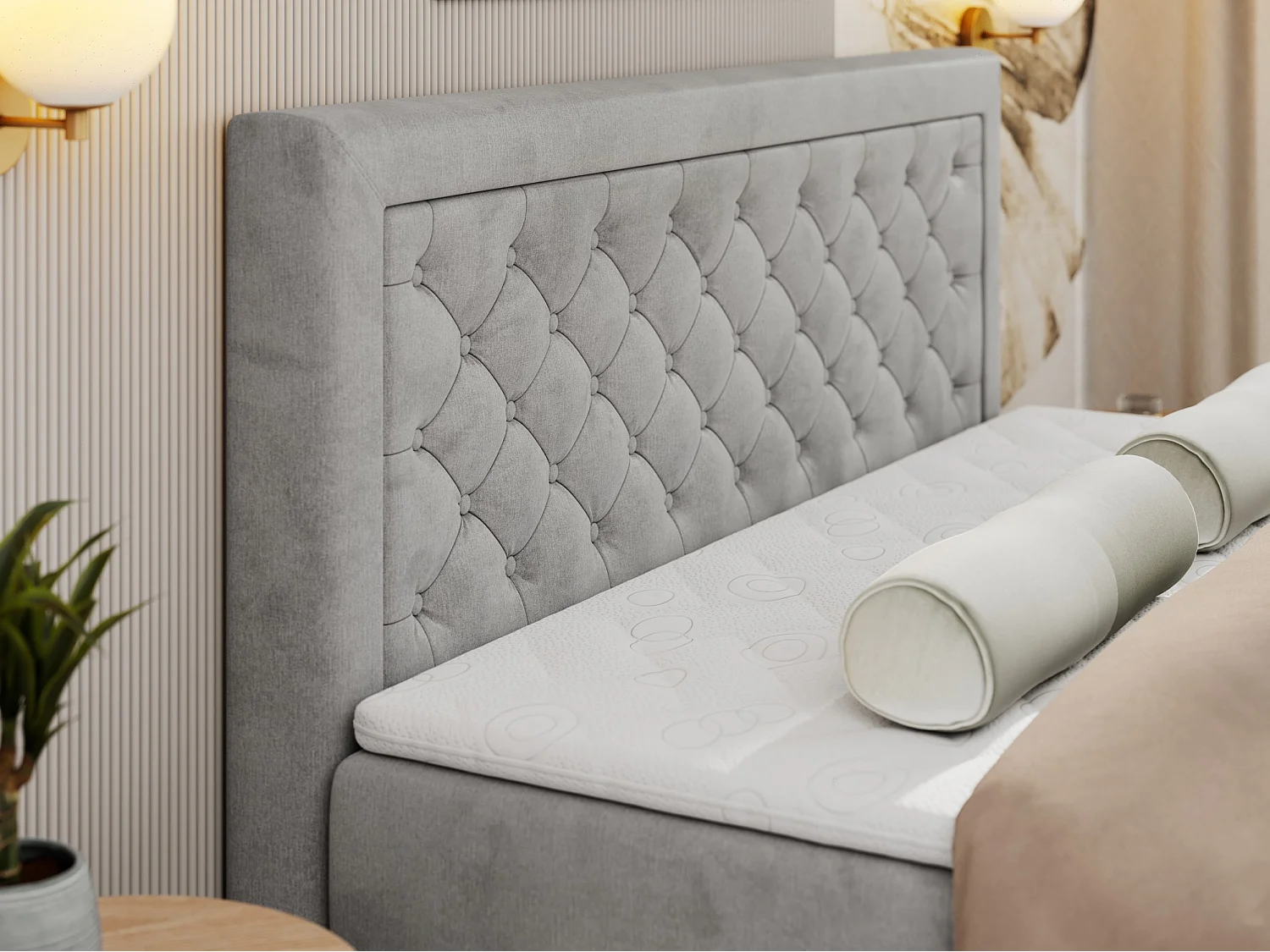 Boxspringbett JASIR - mit gestepptem Kopfteil, Doppelbett für Schlafzimmer, Multipocket-Matratze, Stauraum - 120x200 cm - H4 - Hellgrau Velvet