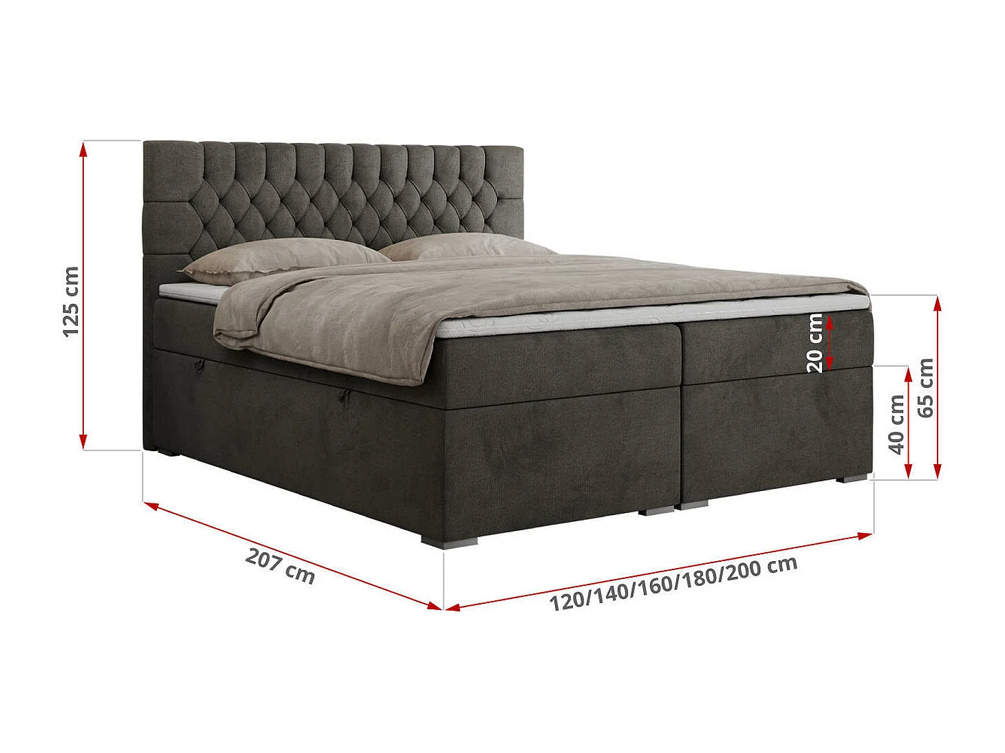 Boxspringbett PERA - gesteppte Kopfstütze, Multipocket-Matratze und Topper, Doppelbett mit Stauraum - 120x200 cm - H4 - Dunkelgrau Velvet