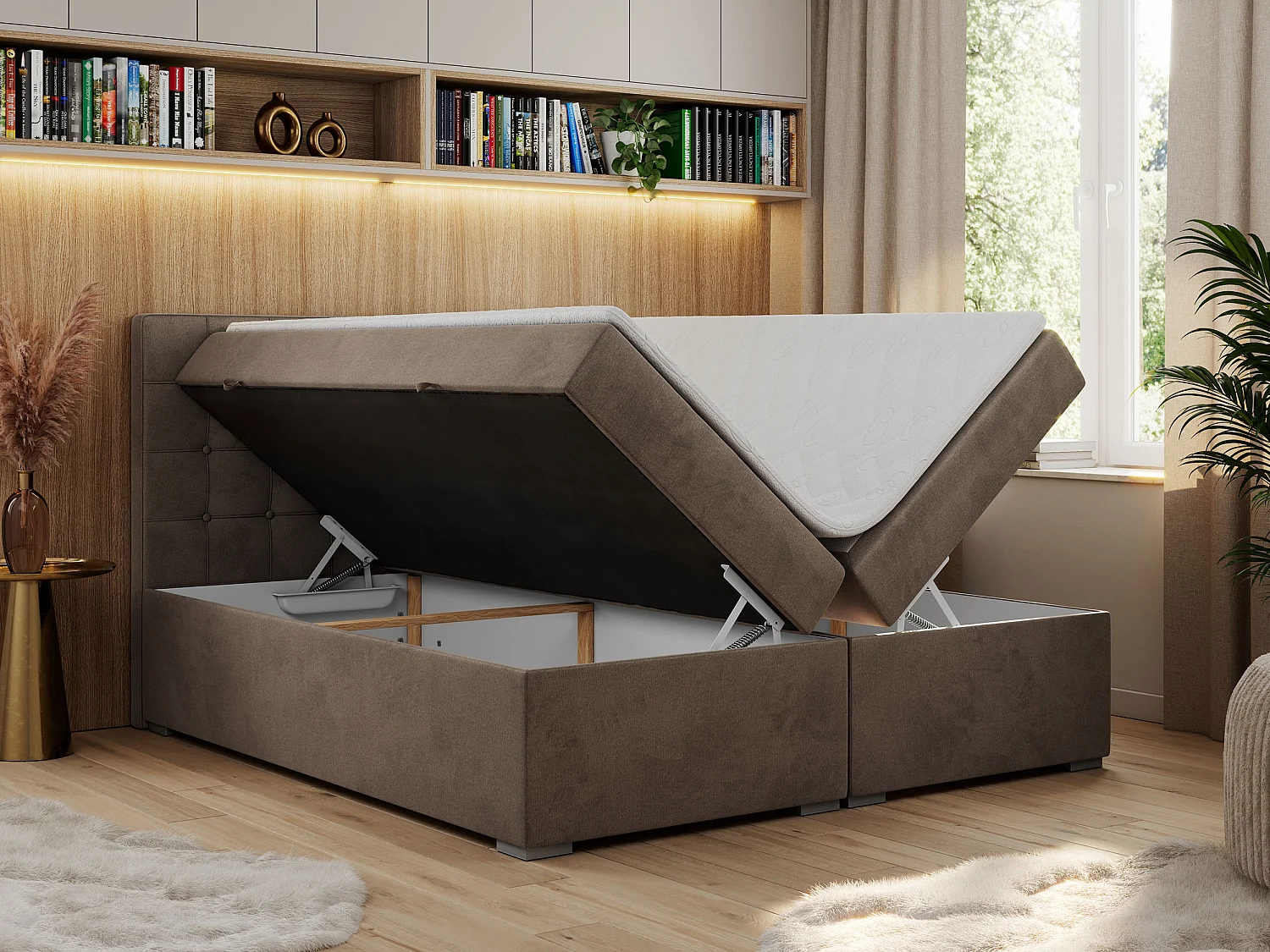 Boxspringbett CARMEN - Polsterbett mit zwei Bettkästen, gesteppte Kopfstütze, Multipocket-Matratze - 200x200 cm - H3 - Braun Velvet