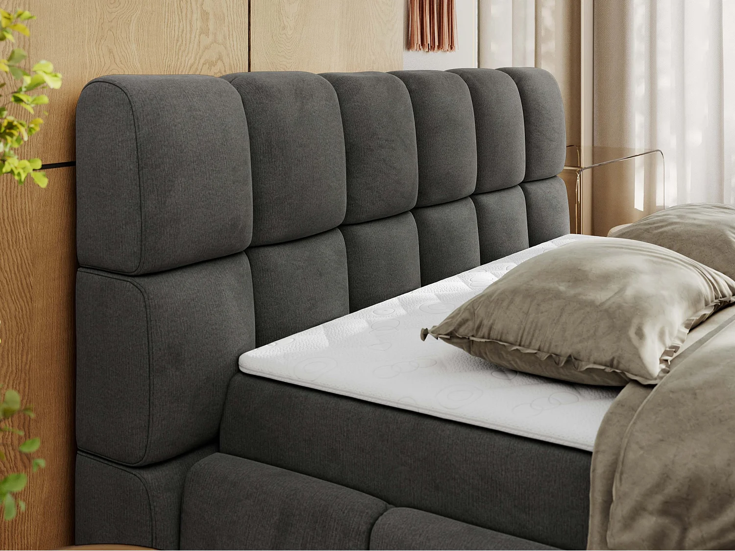 Boxspringbett NIRA - dekorativ kopfteil, Bettkästen und Multipocket-Matratze, Doppelbett für Schlafzimmer - 140x200 cm - H4 - Dunkelgrau Velvet