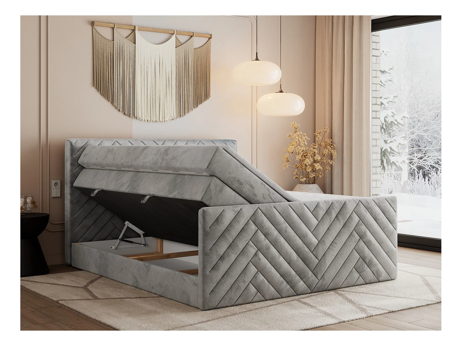 Boxspringbett PARIS KING DUO - dekorative Kopfstütze und Front, zwei Multipocket-Matratze mit Topper - 180x200 cm - H4 - Hellgrau Velvet