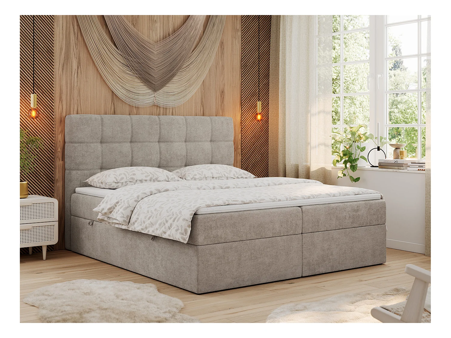 Boxspringbett ERNI - mit gestepptem Kopfteil, Polsterbett, Multipocket-Matratze und Topper, Bettkästen - 140x200 cm - H3 - Beige Stukture