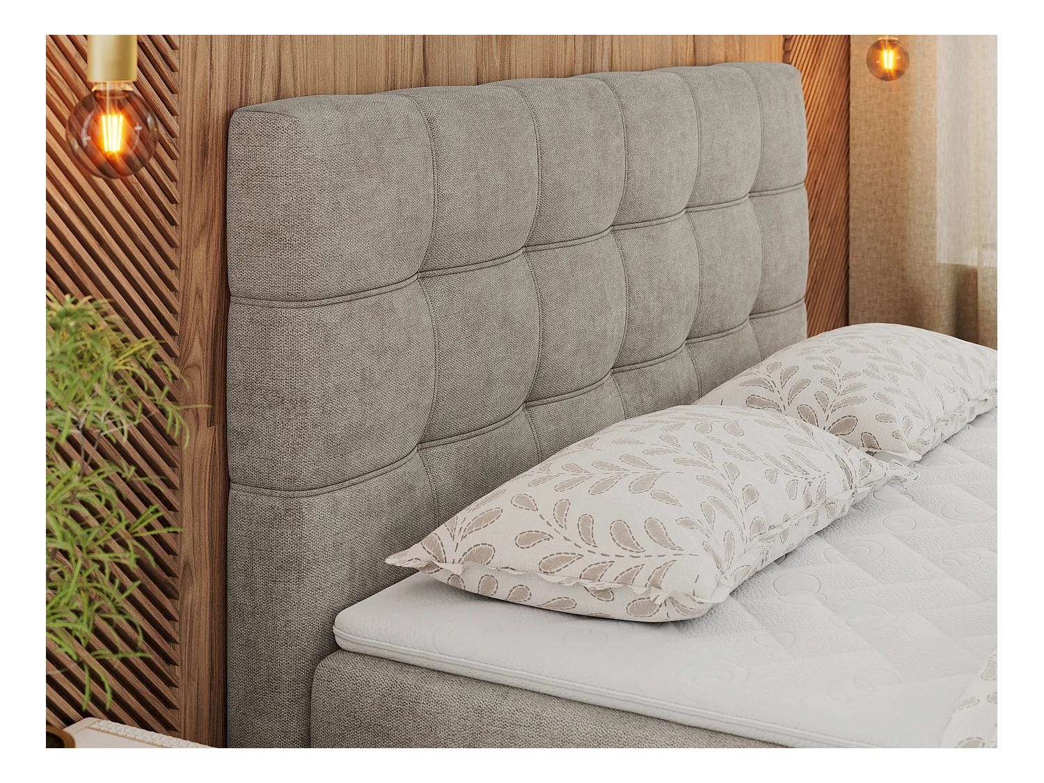 Boxspringbett ERNI - mit gestepptem Kopfteil, Polsterbett, Multipocket-Matratze und Topper, Bettkästen - 140x200 cm - H3 - Beige Stukture