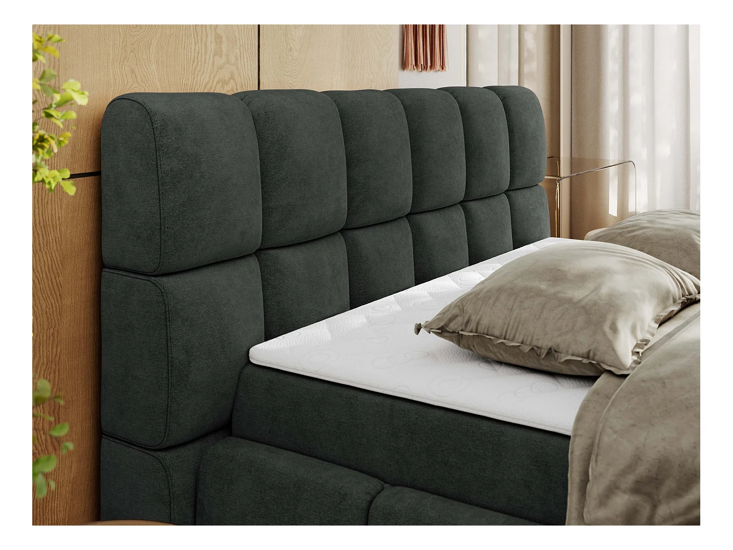 Boxspringbett NIRA - dekorativ kopfteil, Bettkästen und Multipocket-Matratze, Doppelbett für Schlafzimmer - 140x200 cm - H4 - Dunkelgrau Strukture